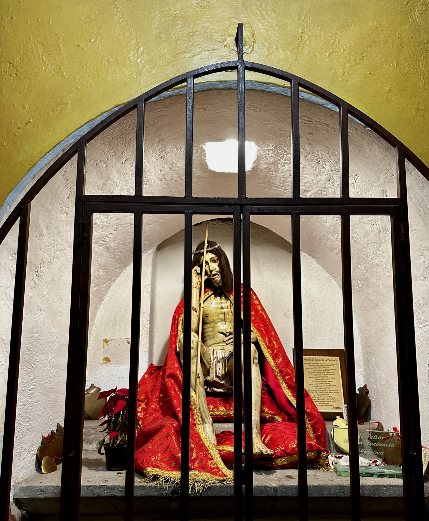 Sad Jesus... probably because he is in a cage/