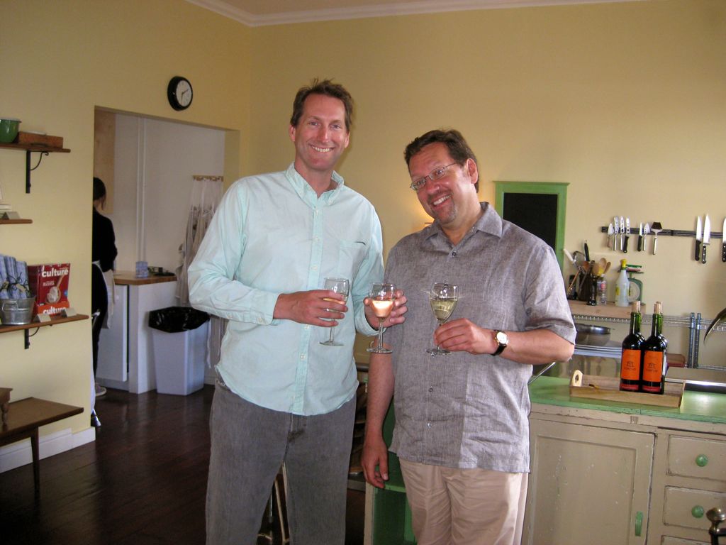 Derek and Dan enjoying a pre-cheese glass of wine/