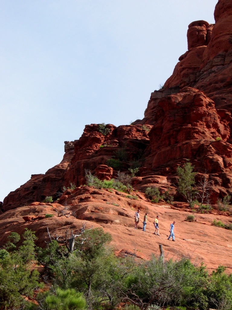 The guys hiking down/