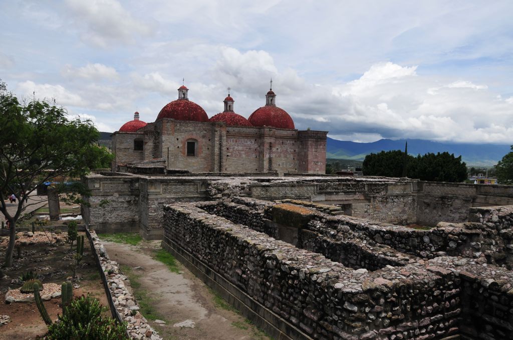 Mitla: Thanx to the Spanish, there's a church on top of 1000 year old ruins!/