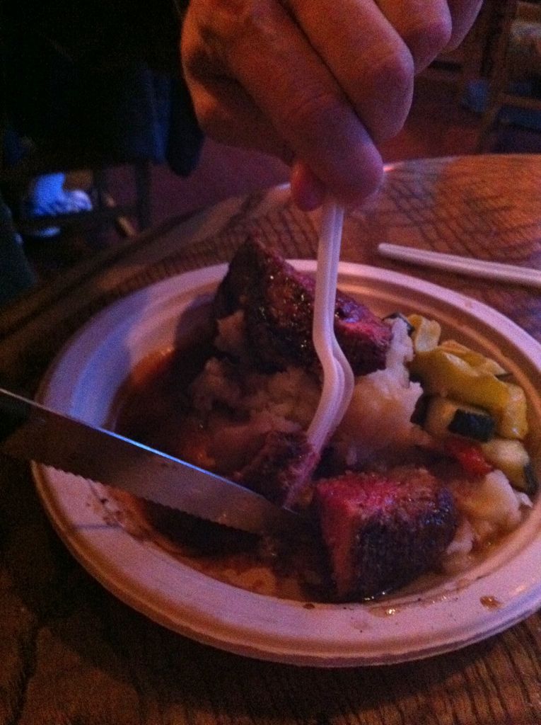 Fancy dinner on paper plates with a disposable fork, but a real knife!/